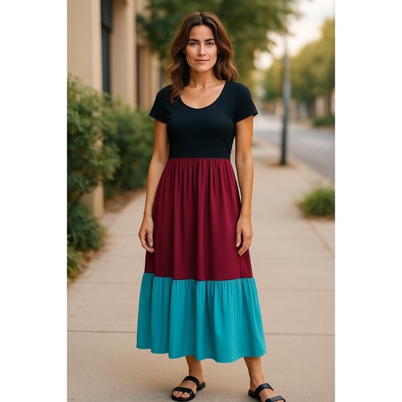 Anthropologie-Maeve Colorblock Maxi Dress Casual Short Sleeve Dress Small - Picture 1 of 7